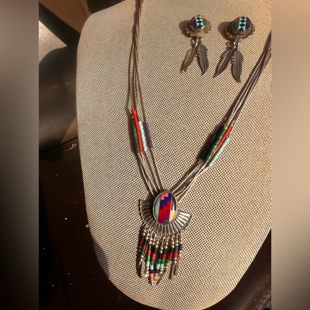 Native American Sterling Silver & Turquoise Needlepoint Necklace Earrings Set